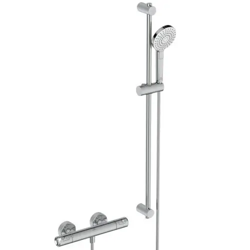 Brausearmatur von Ideal Standard mit verstellbarem Handbrausekopf, montiert an einer Geraden aus verchromtem Metall, kombiniert mit einem Thermostat für die Wassertemperaturregelung.